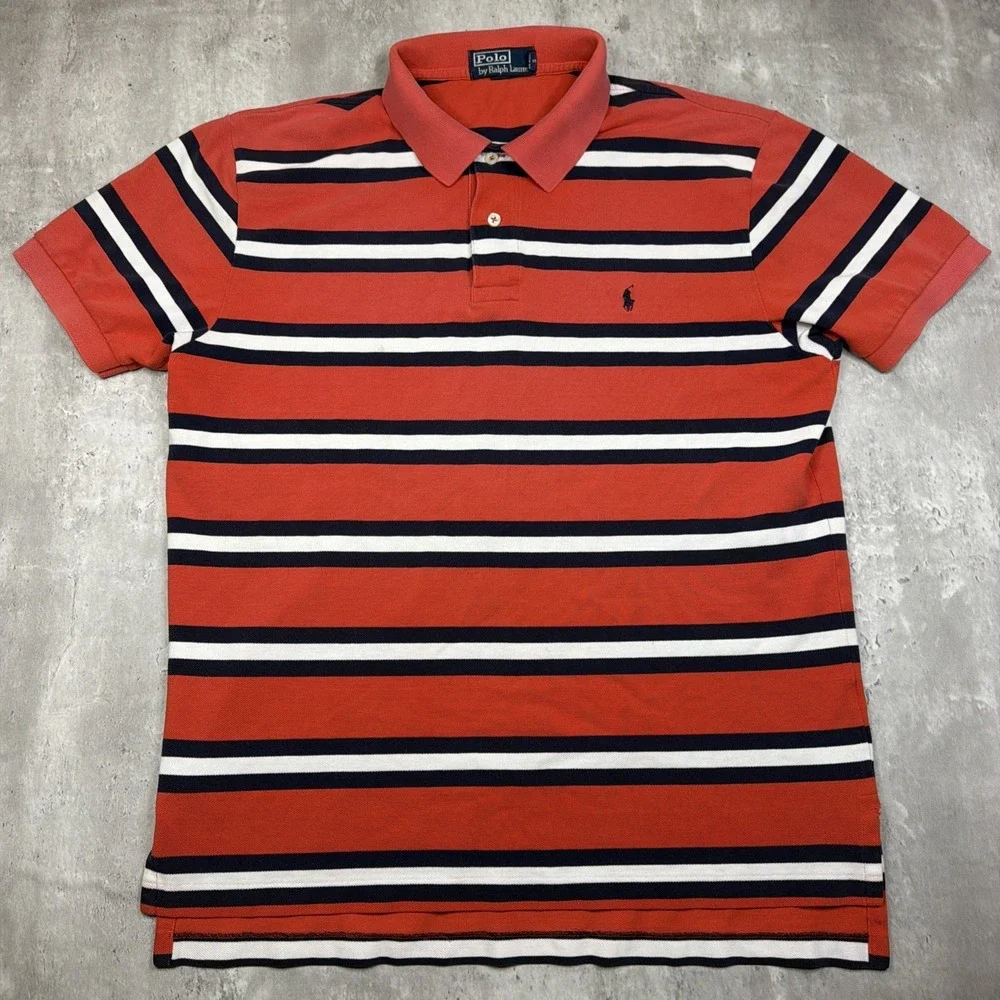 VTG Polo By Ralph Lauren Polo Shirt Mens L Red Navy Stripe Short Sleeve Pony USA